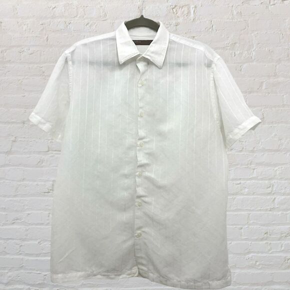 Perry Ellis Linen-Blend White Striped Shirt L - Picture 2 of 10